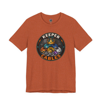 Keeper of the Cables T-Shirt – Funny Tech Dad Cable Tee on heather autumn with warm vintage tech dad humor.