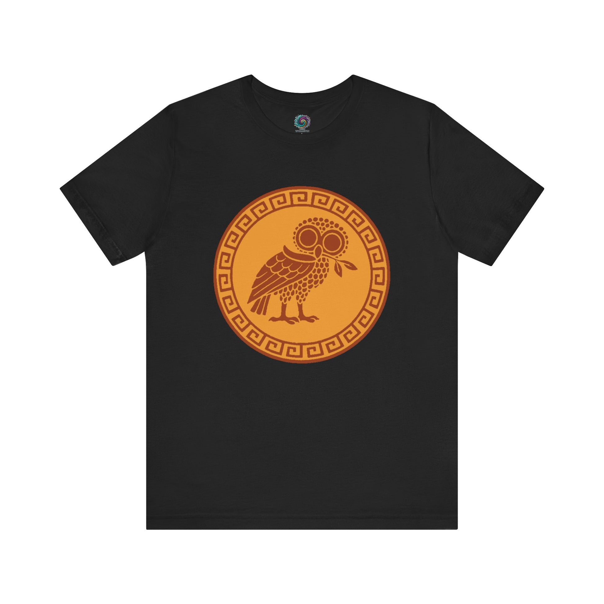 Athena’s Owl T-Shirt in black, featuring the sacred owl of Athena perched solemnly in a ruined temple, perfect for fans of Greek mythology and Athena’s bird symbolism.