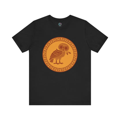 Athena’s Owl T-Shirt in black, featuring the sacred owl of Athena perched solemnly in a ruined temple, perfect for fans of Greek mythology and Athena’s bird symbolism.