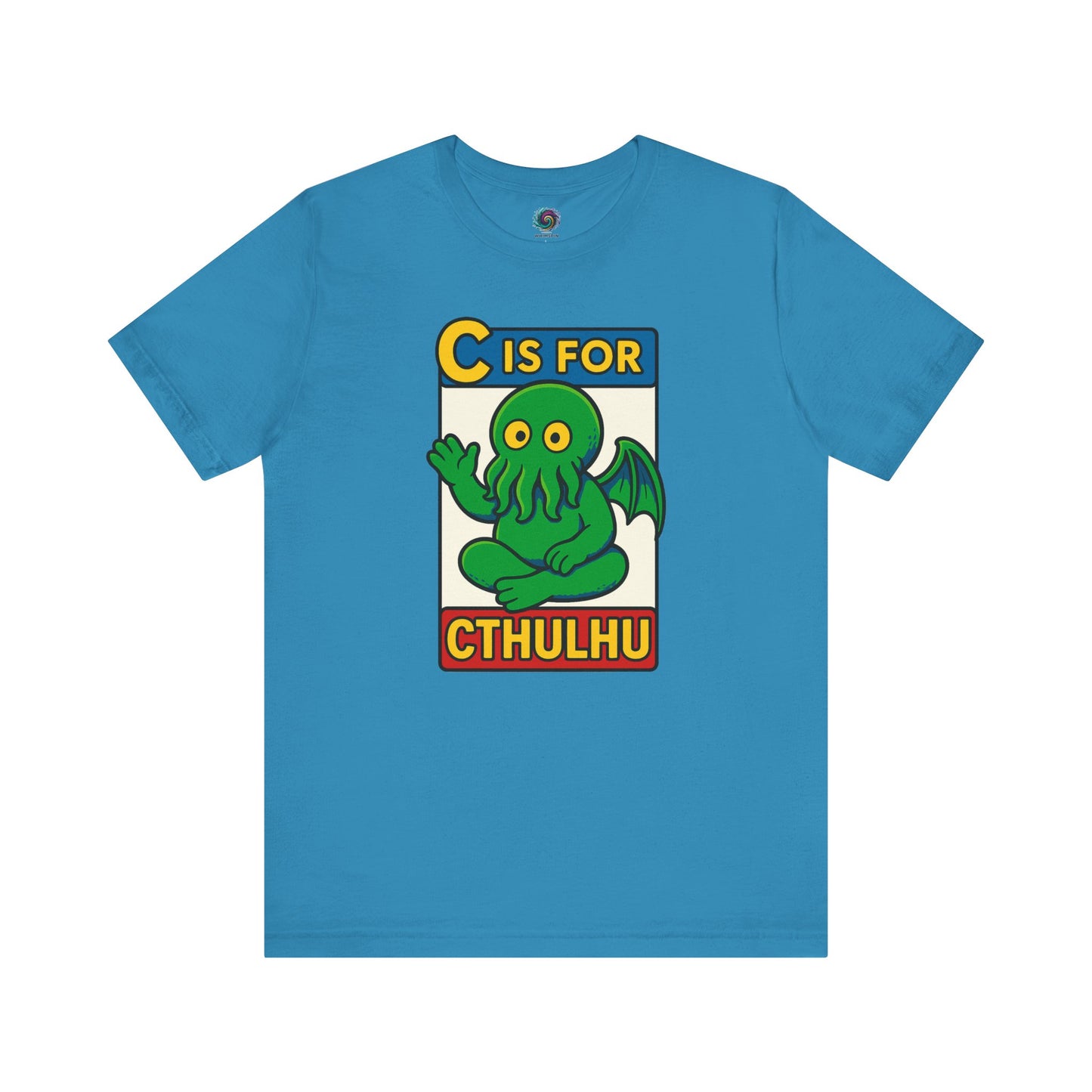 C is for Cthulhu T-Shirt – Lovecraftian Funny Cartoon Tee in aqua, flat lay style with bold Cthulhu cartoon illustration.