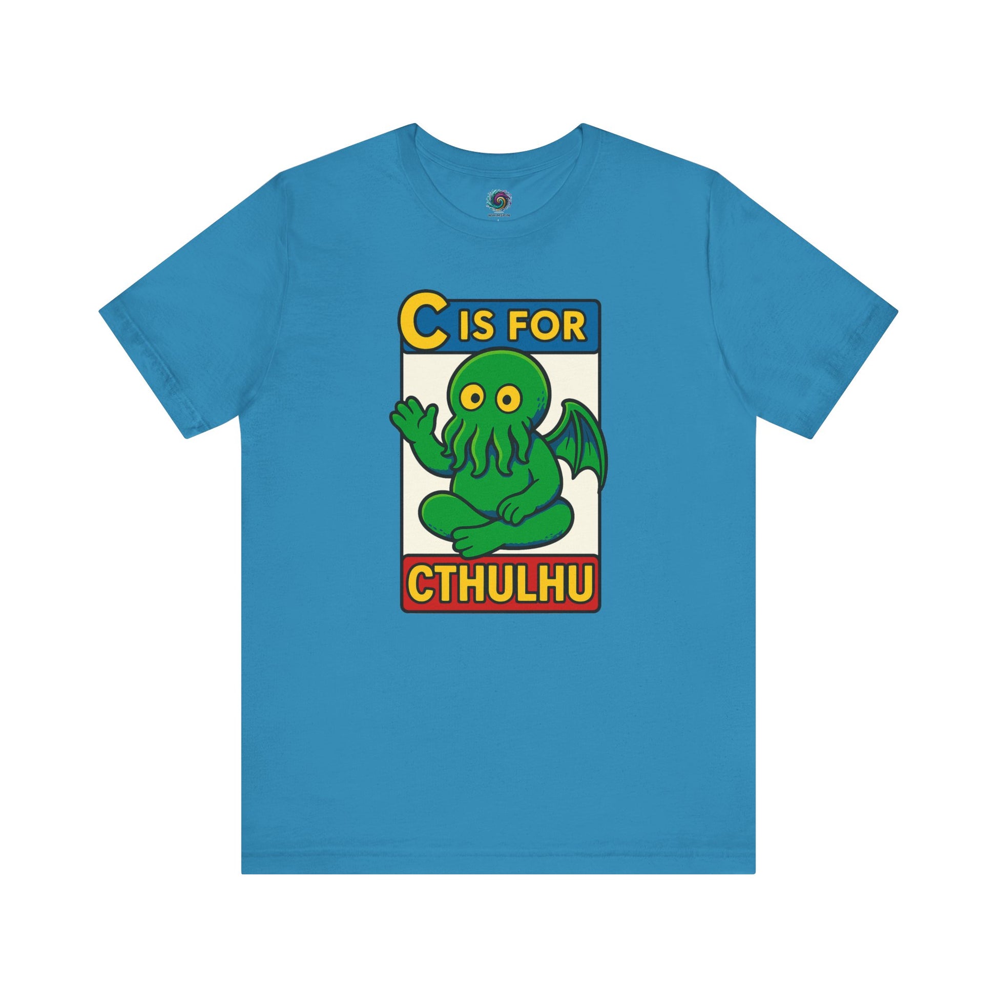 C is for Cthulhu T-Shirt – Lovecraftian Funny Cartoon Tee in aqua, flat lay style with bold Cthulhu cartoon illustration.