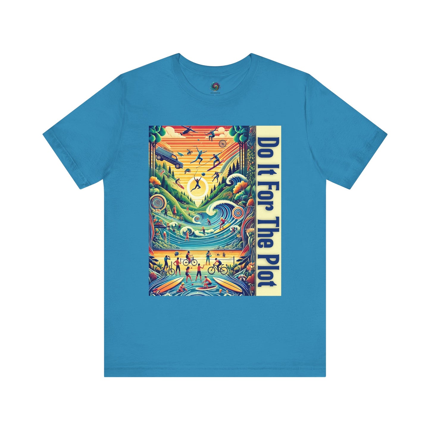 Do It For The Plot shirt in aqua – colorful main character tee with outdoor adventure and narrative energy
