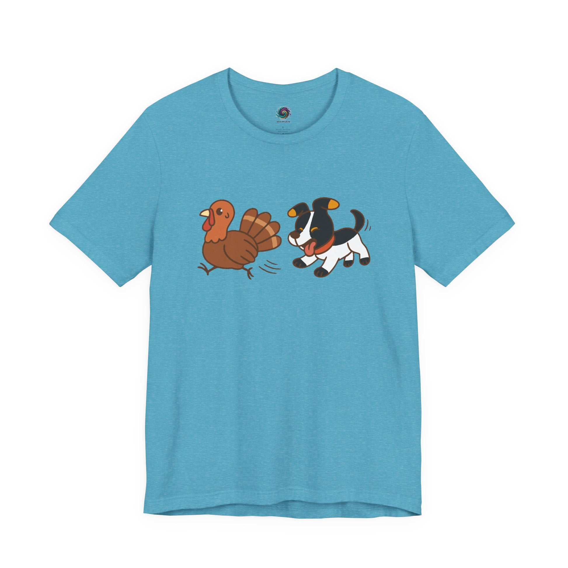 Dog Chasing Turkey T-Shirt – Funny Thanksgiving Dog Tee in heather aqua with fun cartoon print
