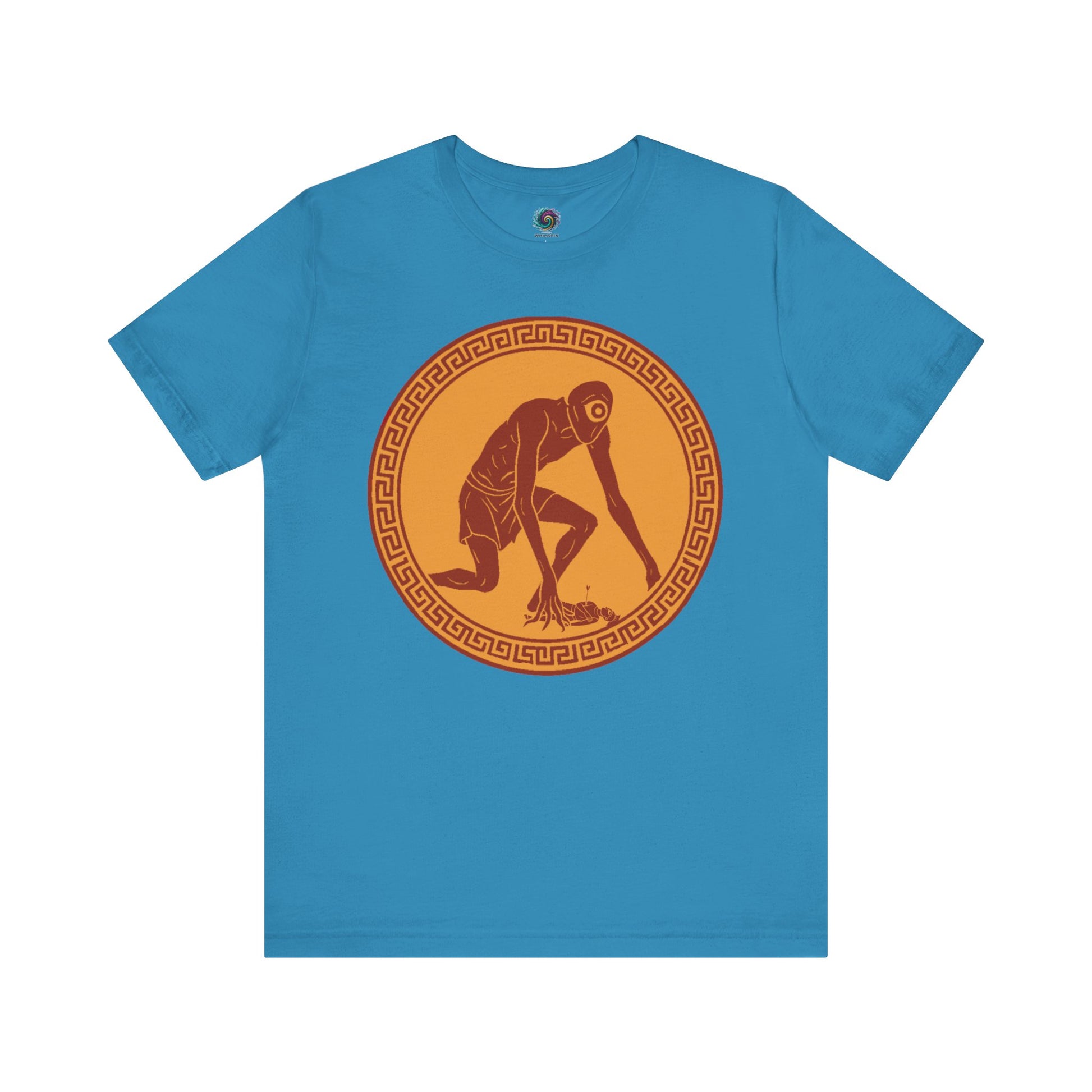 Black t-shirt with a central red and gold circular design featuring a stylized image of Polyphemus, Cyclops from The Odyssey 