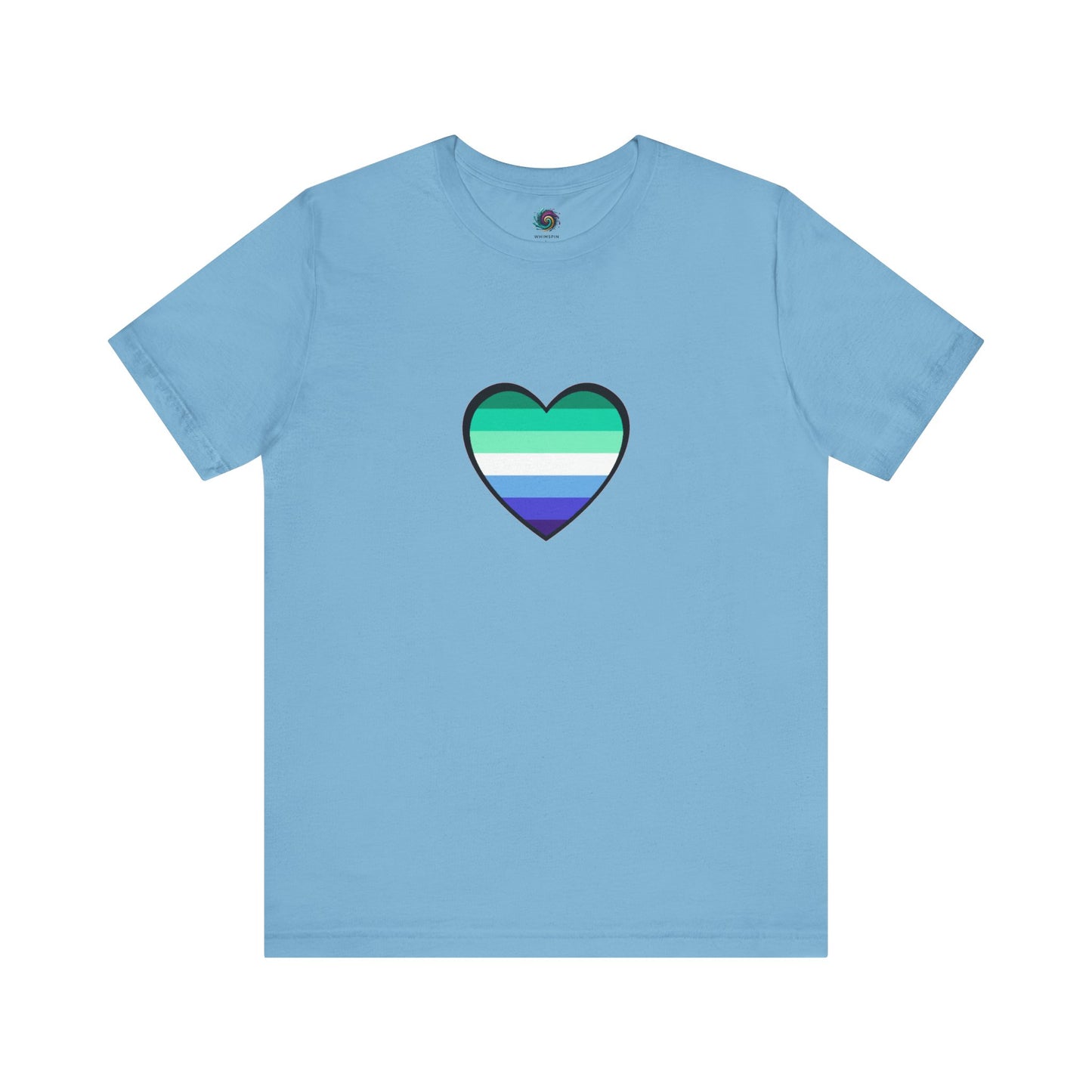 Gay Men's Pride Flag Heart T-Shirt – LGBTQ+ Flag Design on Unisex Tee in aqua with a bold blue and green heart symbolizing the gay flag heart design.