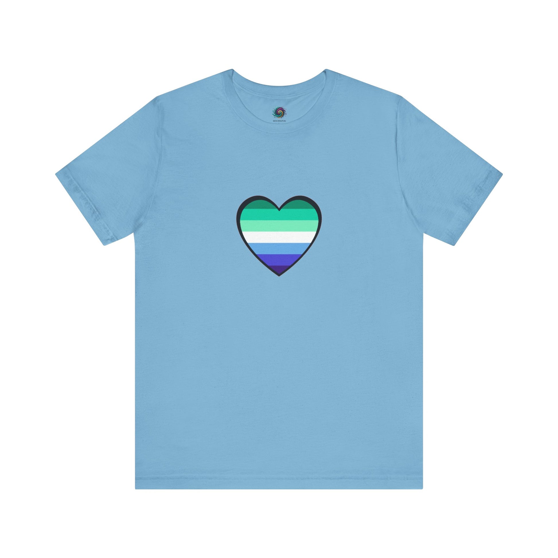 Gay Men's Pride Flag Heart T-Shirt – LGBTQ+ Flag Design on Unisex Tee in aqua with a bold blue and green heart symbolizing the gay flag heart design.