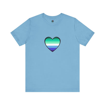 Gay Men's Pride Flag Heart T-Shirt – LGBTQ+ Flag Design on Unisex Tee in aqua with a bold blue and green heart symbolizing the gay flag heart design.