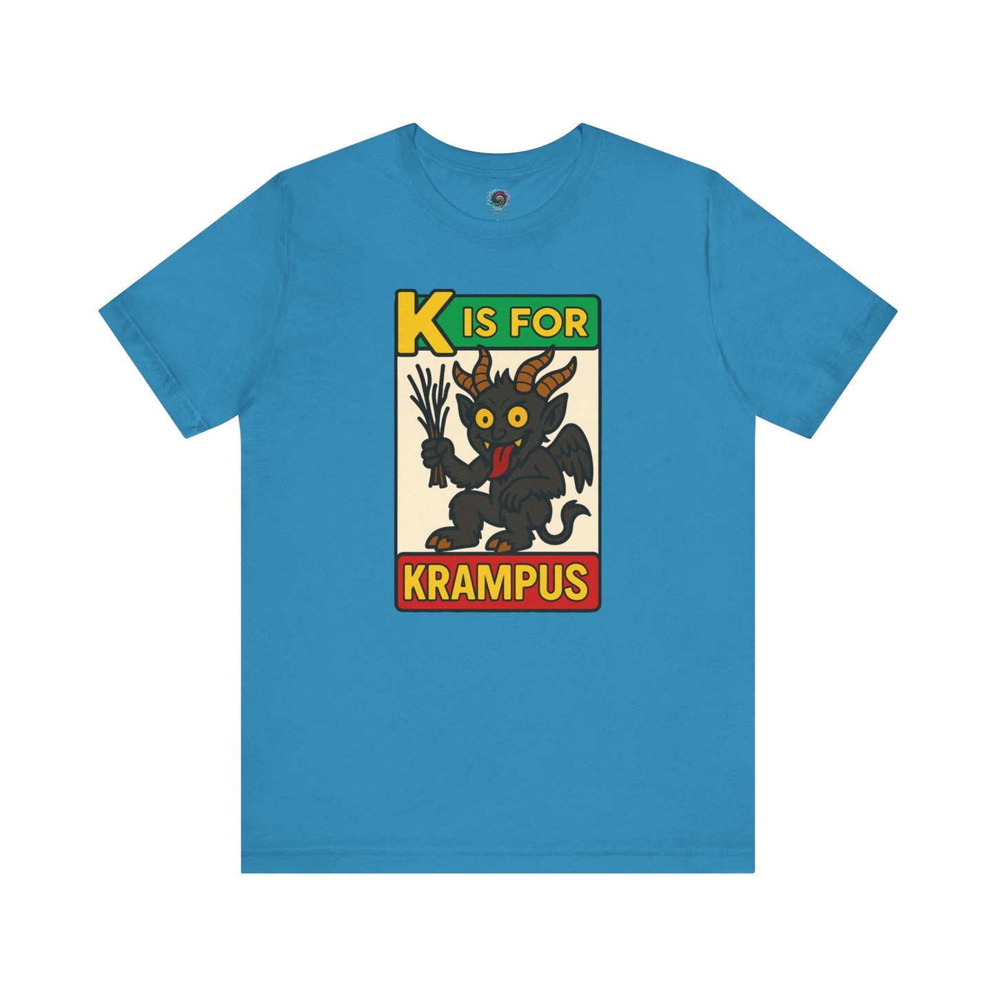 K is for Krampus Alphabet Holiday Graphic T-Shirt in Aqua flat lay featuring whimsical holiday Krampus illustration