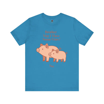 Brother May I Have Some Oats T-Shirt – Funny Viral Pig Meme Tee in aqua with two pigs and “No” quote text from the viral brother oats pig meme.