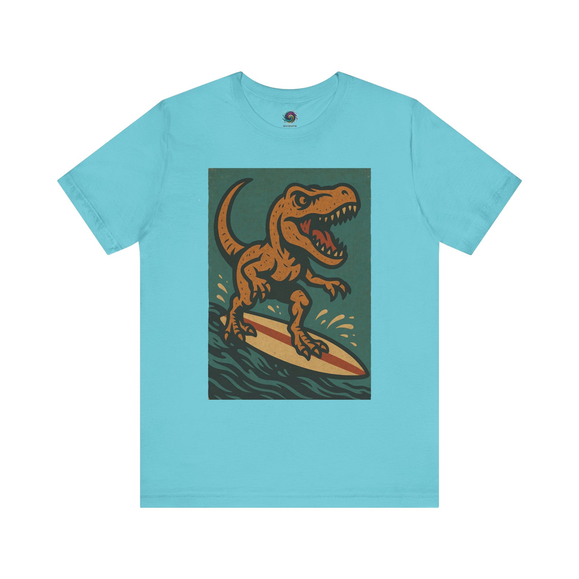 Aqua Surfing t-rex t shirt  from WhimSpin- A rearing t Rex riding a yellow surf board on the waves