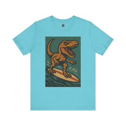 Aqua Surfing t-rex t shirt  from WhimSpin- A rearing t Rex riding a yellow surf board on the waves