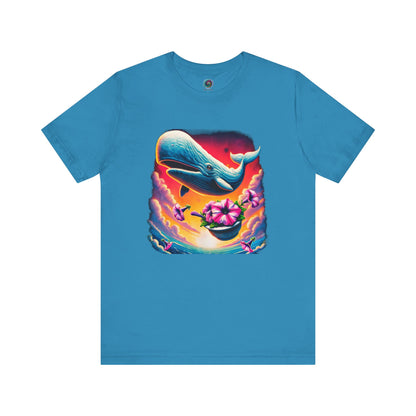Oh No Not Again Petunias and Whale Tee – hitchhikers guide oh no not again shirt in aqua, with surreal petunias and whale in vibrant space sky