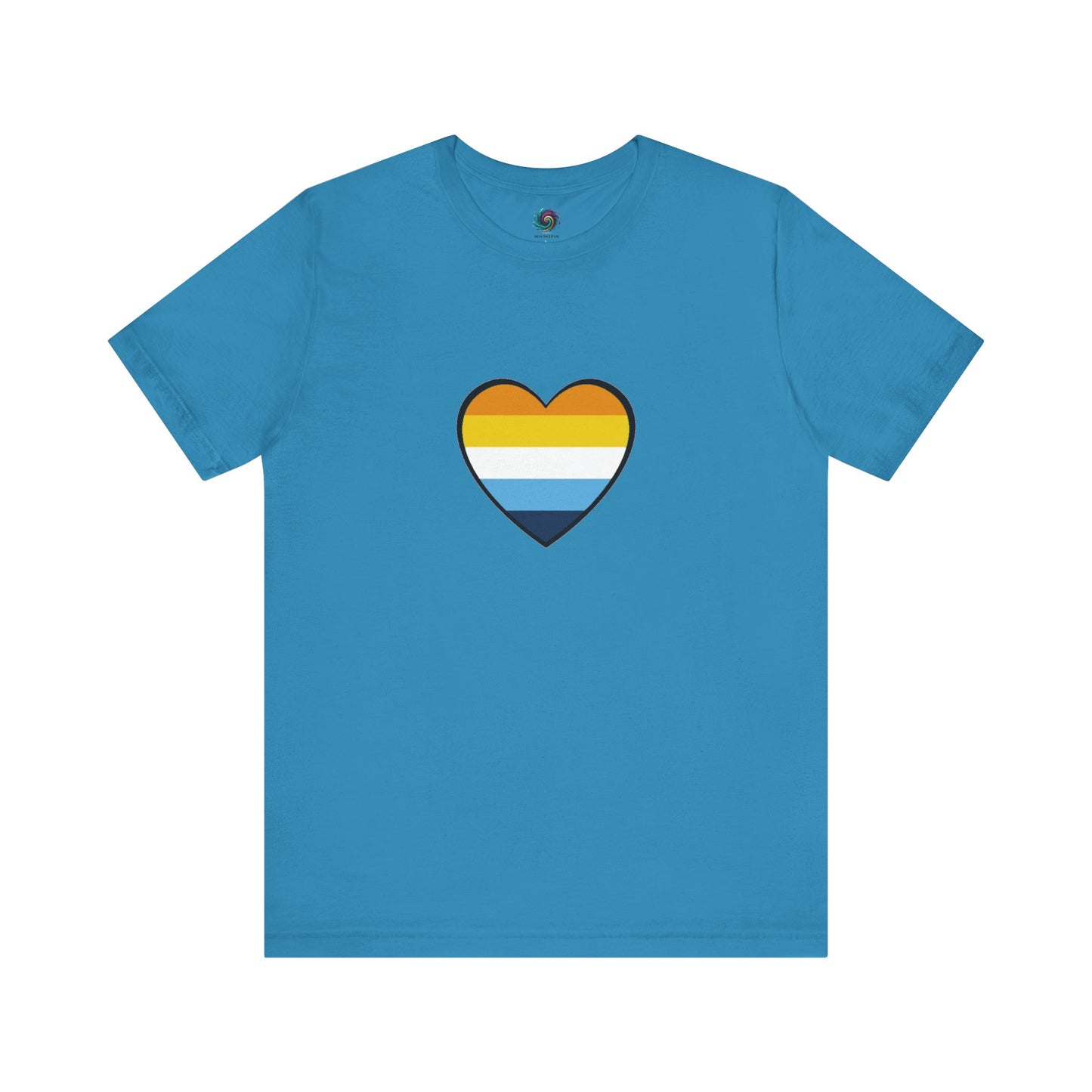 Columbia Blue AroAce Flag Heart T-shirt from WhimSpin. The shirt is blue with a heart drawn in the center made up of dark orange, light orange, white, turquoise, and navy blue stripes.