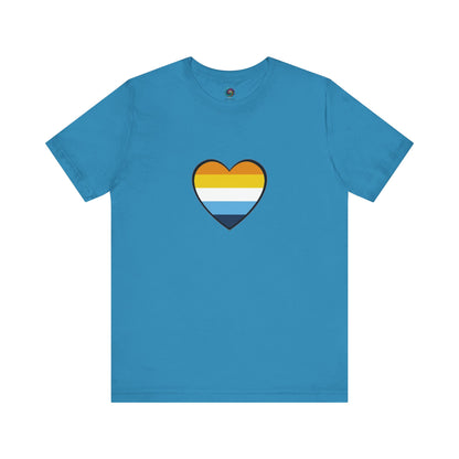 Columbia Blue AroAce Flag Heart T-shirt from WhimSpin. The shirt is blue with a heart drawn in the center made up of dark orange, light orange, white, turquoise, and navy blue stripes.