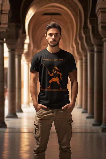 Ares Fencing Saber T-Shirt – Victory Through Velocity Greek Mythology Tee in black, worn by a man standing in ancient-style columns, representing strength and speed.