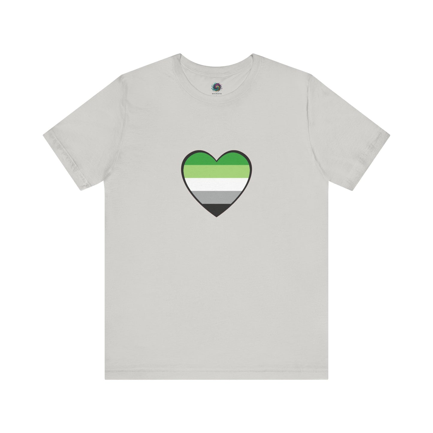Aromantic Heart Shirt – LGBTQIA+ Pride Flag Heart Graphic printed on silver shirt. Clean minimalist design. Keywords: aromantic flag heart, aromantic pride merch, aro shirt.