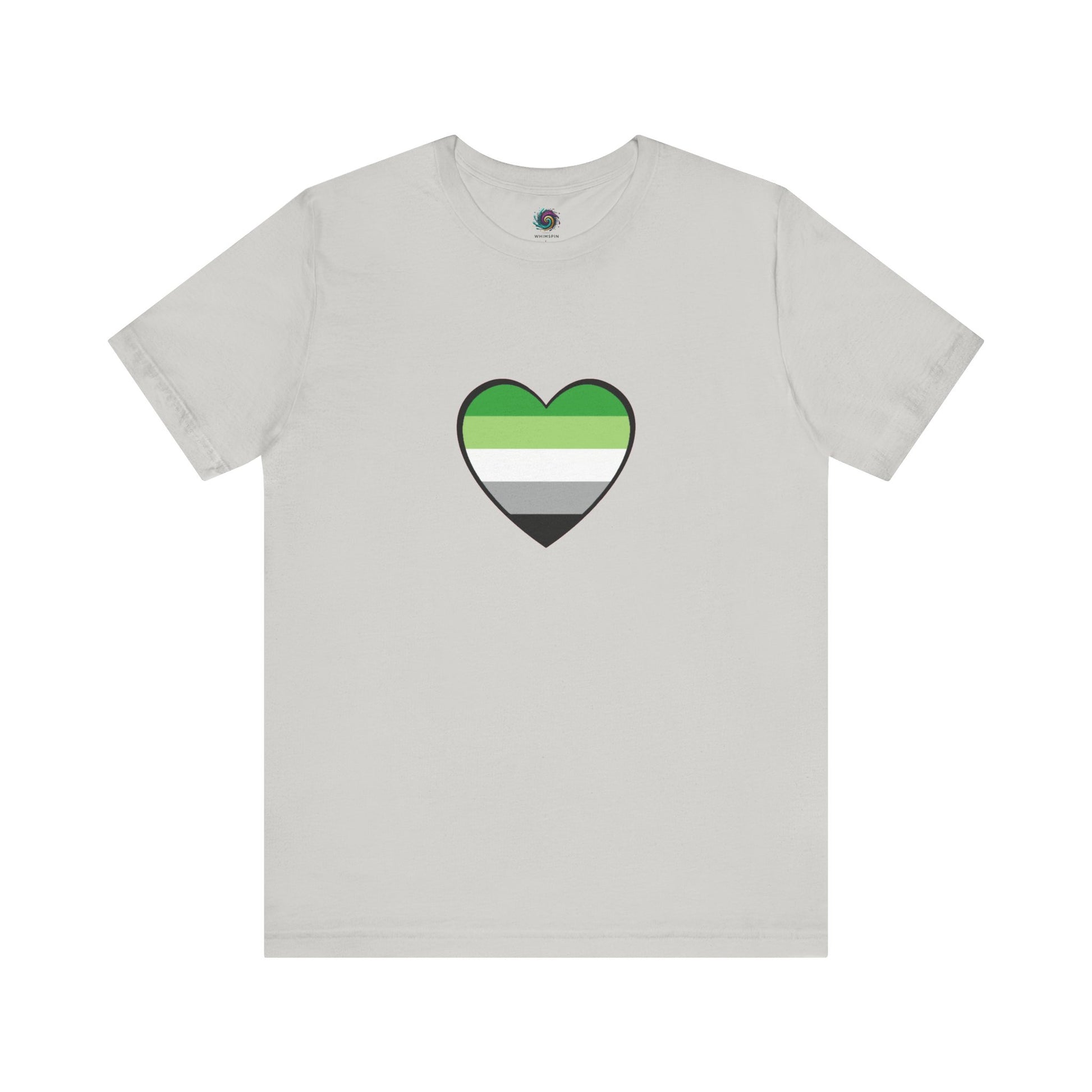 Aromantic Heart Shirt – LGBTQIA+ Pride Flag Heart Graphic printed on silver shirt. Clean minimalist design. Keywords: aromantic flag heart, aromantic pride merch, aro shirt.