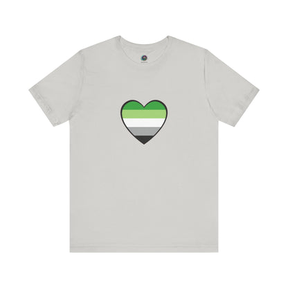 Aromantic Heart Shirt – LGBTQIA+ Pride Flag Heart Graphic printed on silver shirt. Clean minimalist design. Keywords: aromantic flag heart, aromantic pride merch, aro shirt.