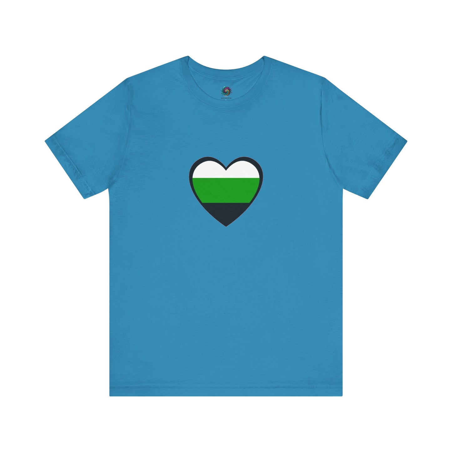 Flat lay of the Aromantic Heart Pride T-Shirt in aqua, featuring a clean neutrois heart graphic that reflects the neutrois pride flag meaning with bold, minimalist styling.