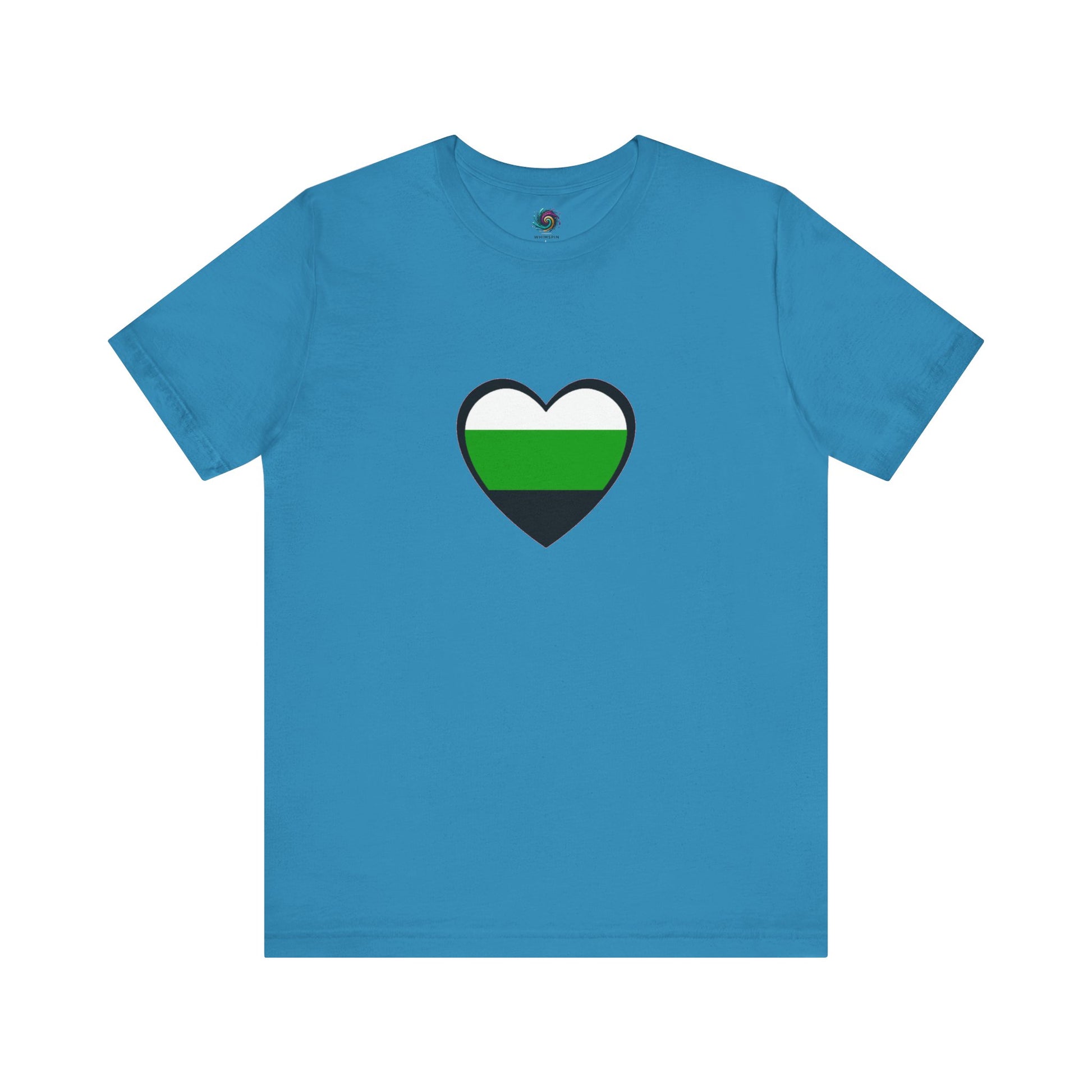 Flat lay of the Aromantic Heart Pride T-Shirt in aqua, featuring a clean neutrois heart graphic that reflects the neutrois pride flag meaning with bold, minimalist styling.