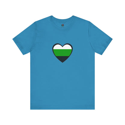 Flat lay of the Aromantic Heart Pride T-Shirt in aqua, featuring a clean neutrois heart graphic that reflects the neutrois pride flag meaning with bold, minimalist styling.