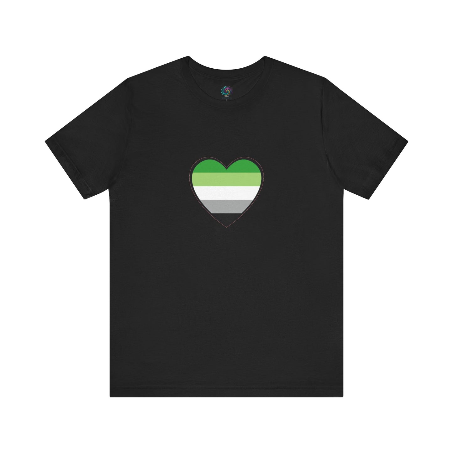 Aromantic Pride Heart T-Shirt – LGBTQIA+ Aro Flag Heart Design printed on a black unisex tee. Perfect for fans of aromantic pride merch. Keywords: aromantic shirt, aromantic heart, aroflag.