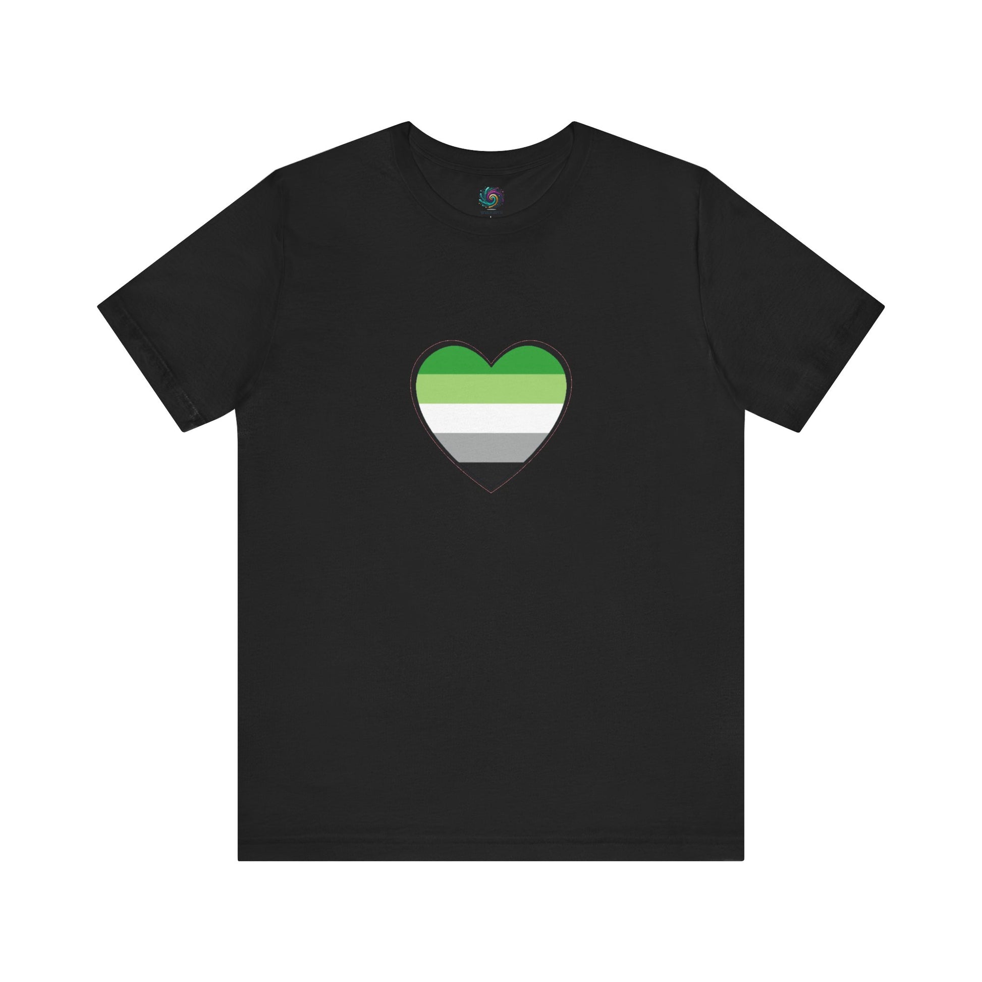 Aromantic Pride Heart T-Shirt – LGBTQIA+ Aro Flag Heart Design printed on a black unisex tee. Perfect for fans of aromantic pride merch. Keywords: aromantic shirt, aromantic heart, aroflag.