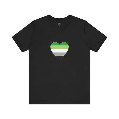 Aromantic Pride Heart T-Shirt – LGBTQIA+ Aro Flag Heart Design printed on a black unisex tee. Perfect for fans of aromantic pride merch. Keywords: aromantic shirt, aromantic heart, aroflag.