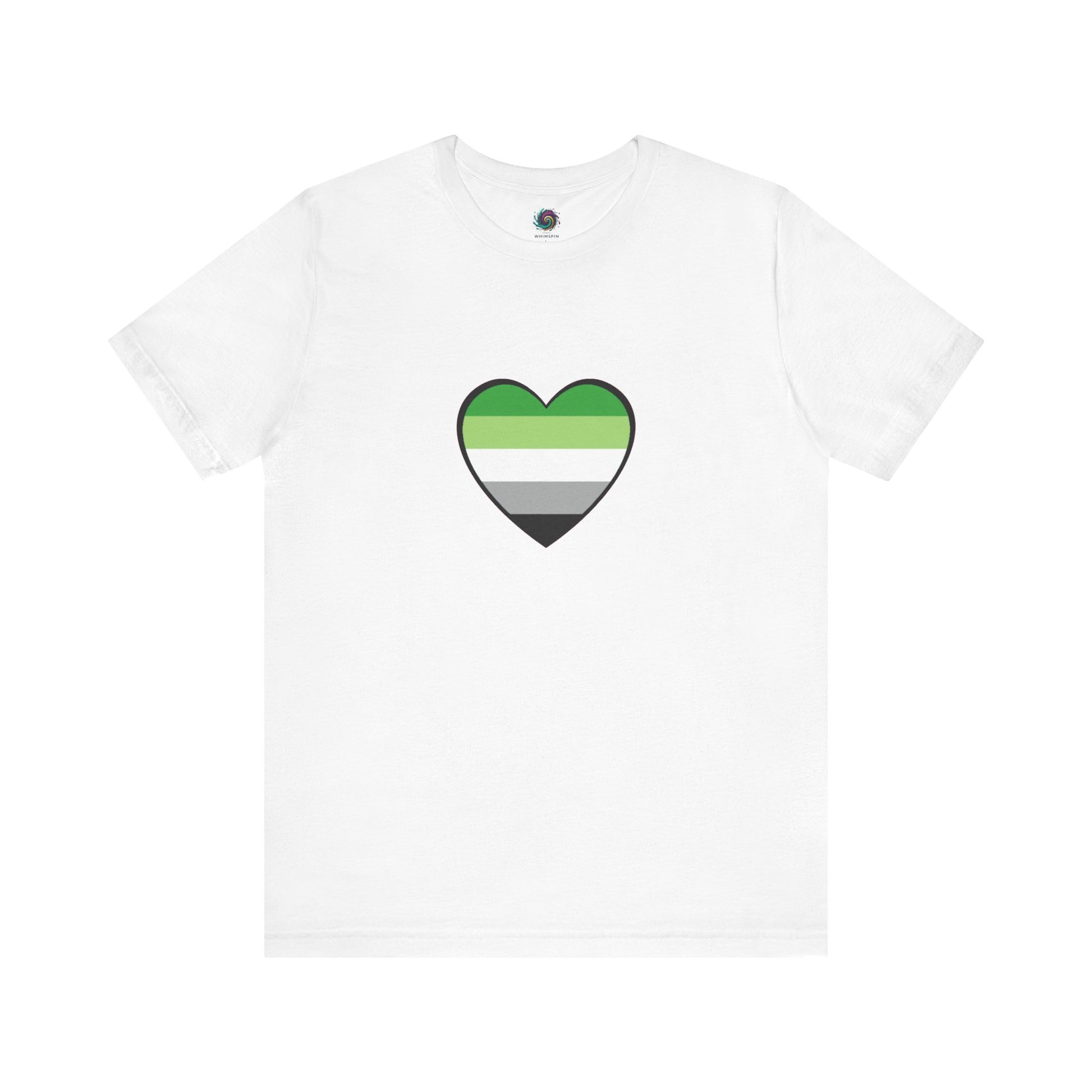 Aromantic Flag Pride Shirt – Simple aromantic heart design on a classic white tee. Aro flag colors in a bold heart shape. Keywords: aromantic heart, aromantic shirt, aroflag.