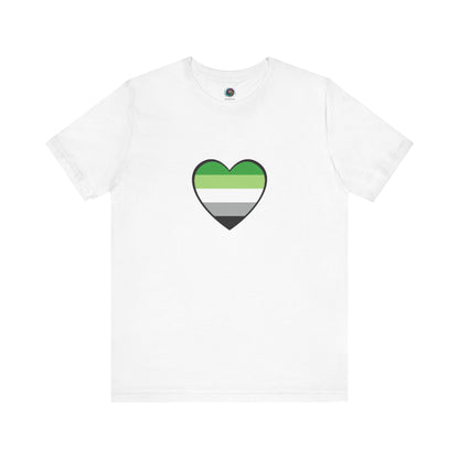 Aromantic Flag Pride Shirt – Simple aromantic heart design on a classic white tee. Aro flag colors in a bold heart shape. Keywords: aromantic heart, aromantic shirt, aroflag.