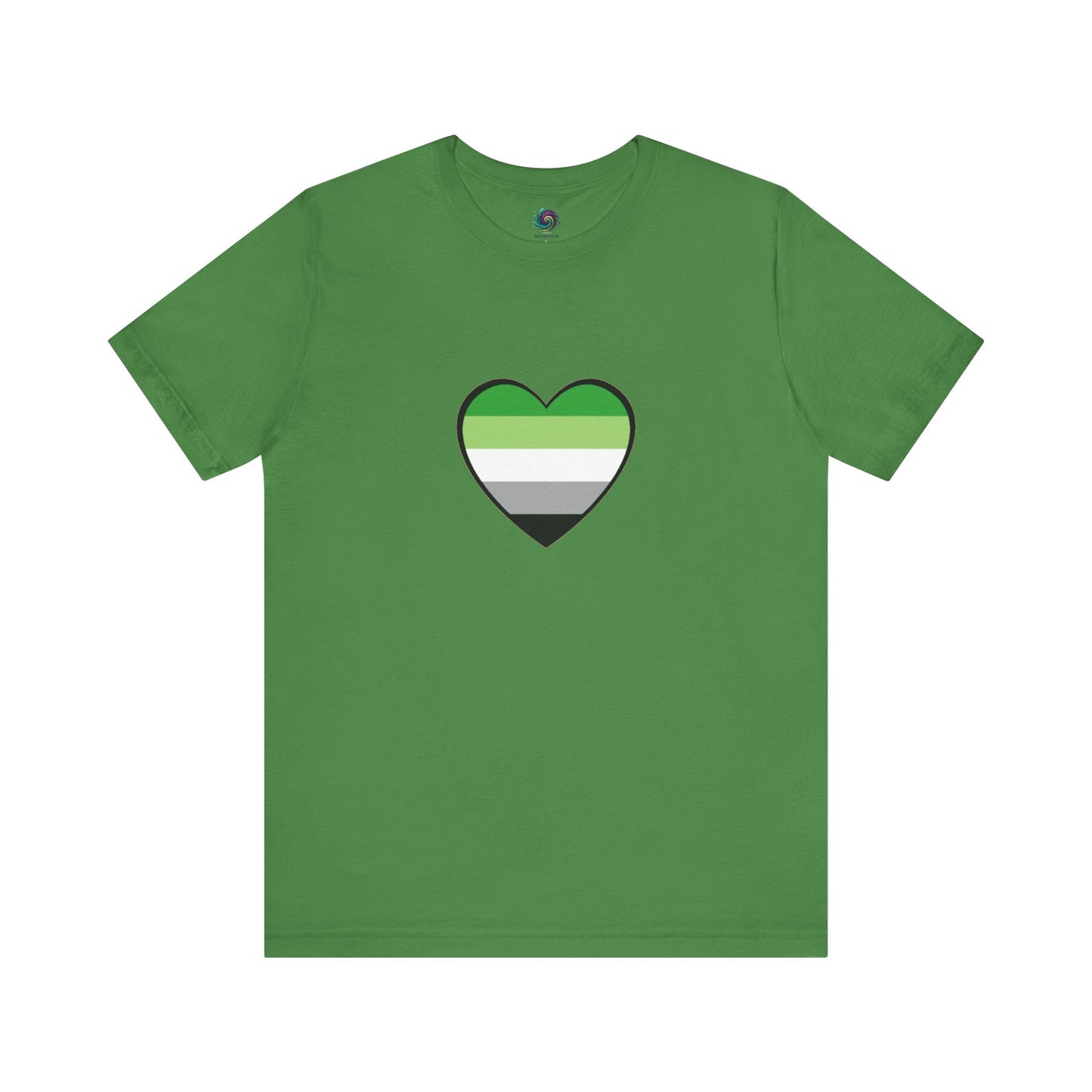 Aromantic Pride T-Shirt – Aromantic Flag Heart Graphic on leaf green flat lay. Aro flag colors pop on the earth-toned base. Keywords: aromantic shirt, aromantic pride merch, aromantic heart.