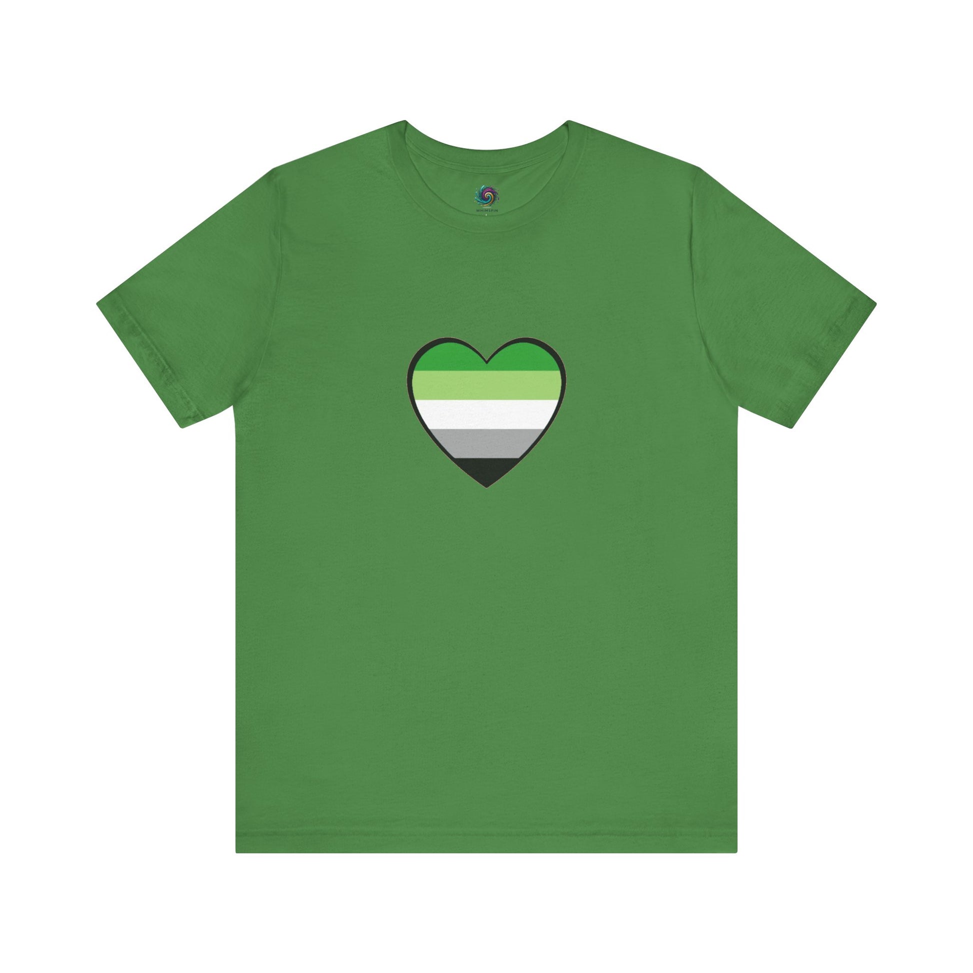 Aromantic Pride T-Shirt – Aromantic Flag Heart Graphic on leaf green flat lay. Aro flag colors pop on the earth-toned base. Keywords: aromantic shirt, aromantic pride merch, aromantic heart.