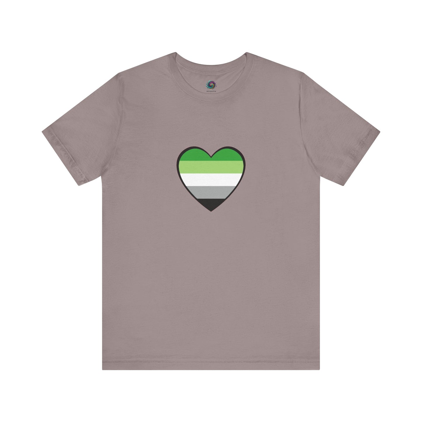 Aromantic Heart Pride Tee – Aroflag Heart Design on muted pebble brown unisex shirt. Great for minimalist LGBTQIA+ fashion. Keywords: aromantic flag heart, aro shirt, aromantic pride merch.