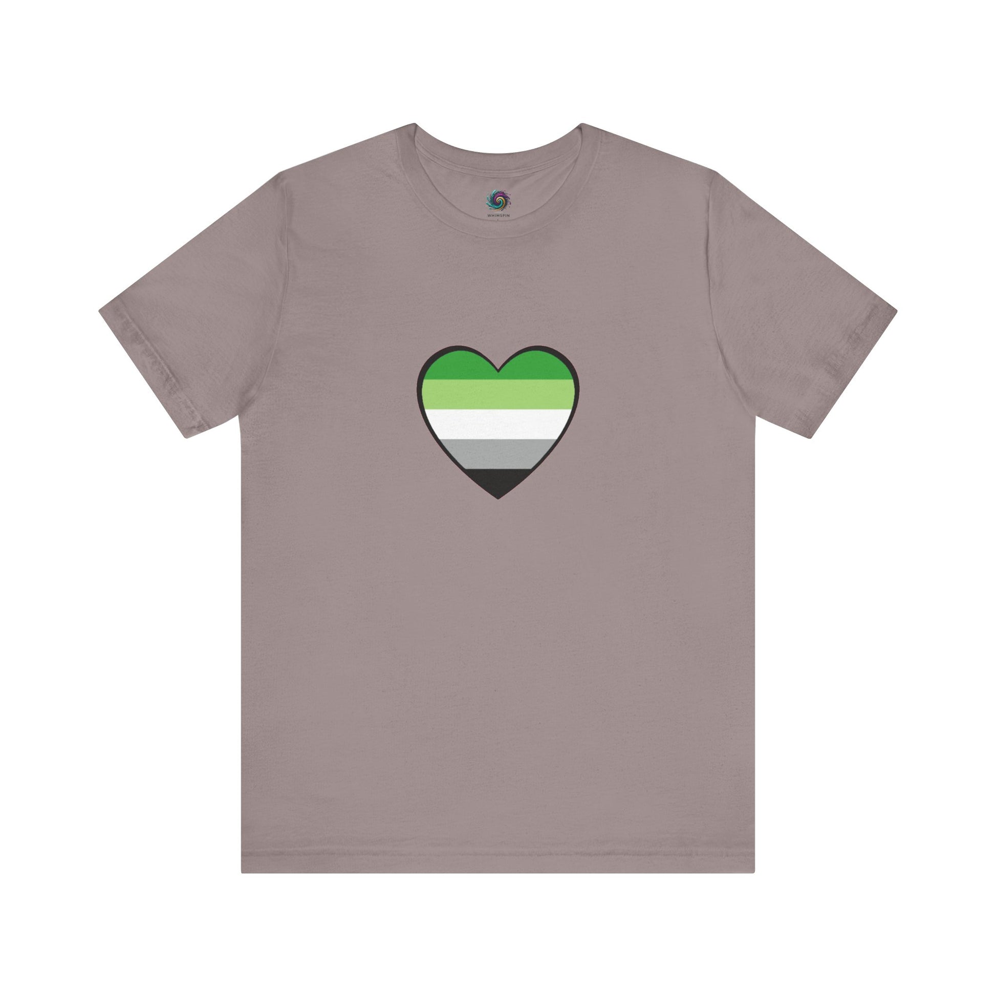 Aromantic Heart Pride Tee – Aroflag Heart Design on muted pebble brown unisex shirt. Great for minimalist LGBTQIA+ fashion. Keywords: aromantic flag heart, aro shirt, aromantic pride merch.