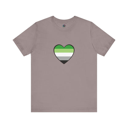 Aromantic Heart Pride Tee – Aroflag Heart Design on muted pebble brown unisex shirt. Great for minimalist LGBTQIA+ fashion. Keywords: aromantic flag heart, aro shirt, aromantic pride merch.