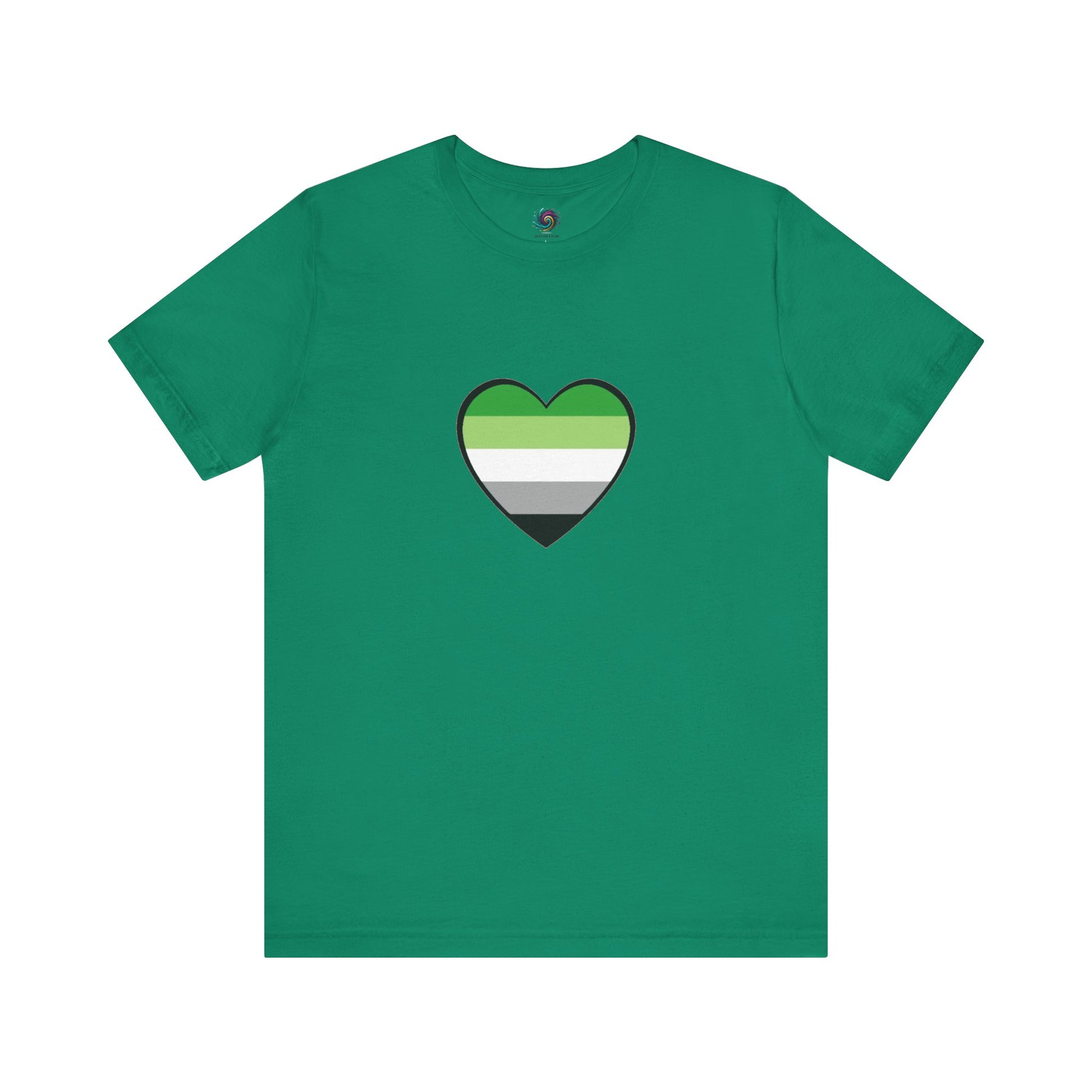 Aromantic Flag Heart T-Shirt – Aro Flag Graphic Tee laid flat in vibrant kelly green. Clean, minimalist LGBTQIA+ pride design. Keywords: aromantic pride merch, aroflag, aromantic flag heart.