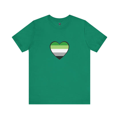Aromantic Flag Heart T-Shirt – Aro Flag Graphic Tee laid flat in vibrant kelly green. Clean, minimalist LGBTQIA+ pride design. Keywords: aromantic pride merch, aroflag, aromantic flag heart.