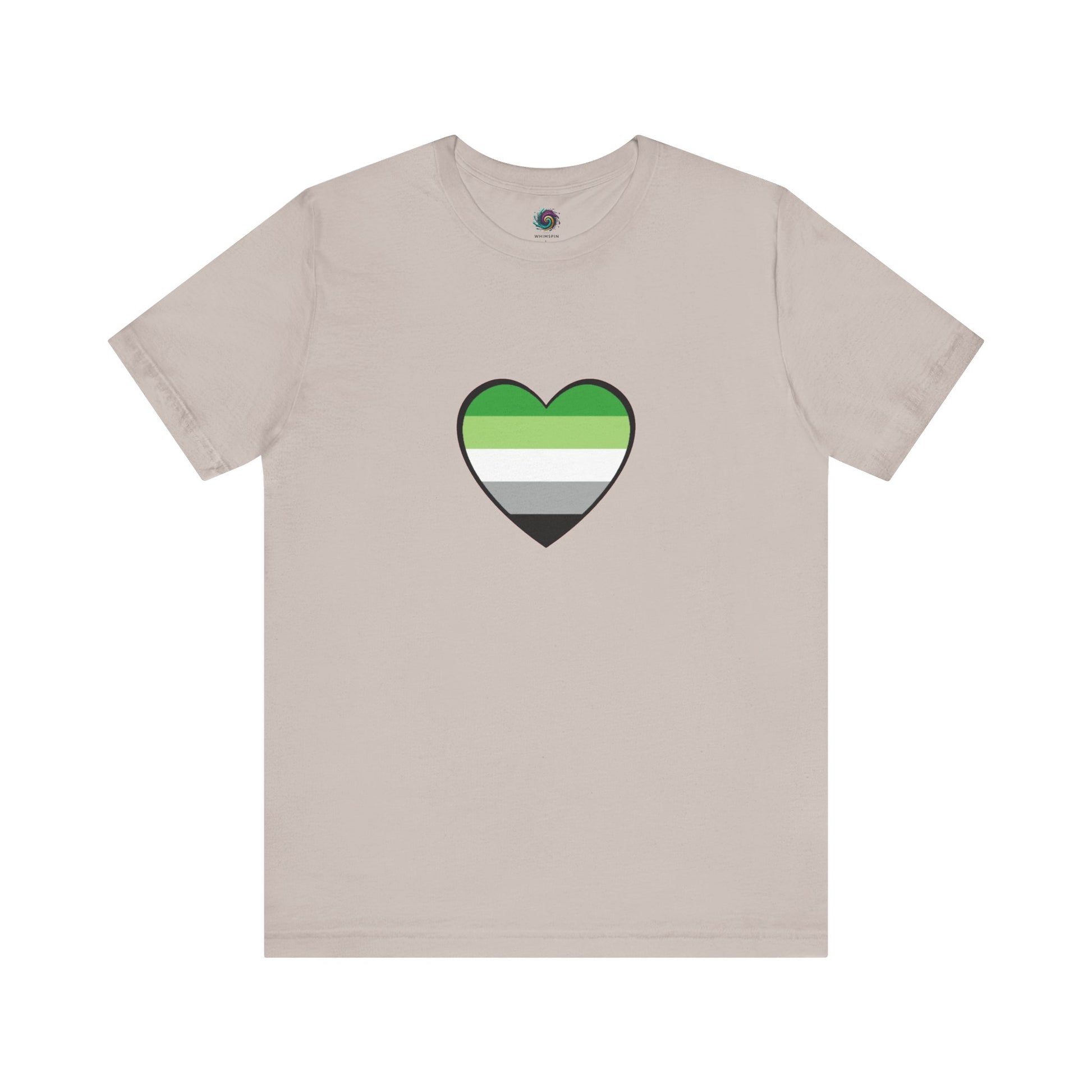 Aromantic Flag Heart T-Shirt – Laid flat in heather cool grey. Features a centered aromantic heart symbol in LGBTQIA+ colors. Keywords: aromantic flag heart, aromantic pride merch, aromantic shirt.