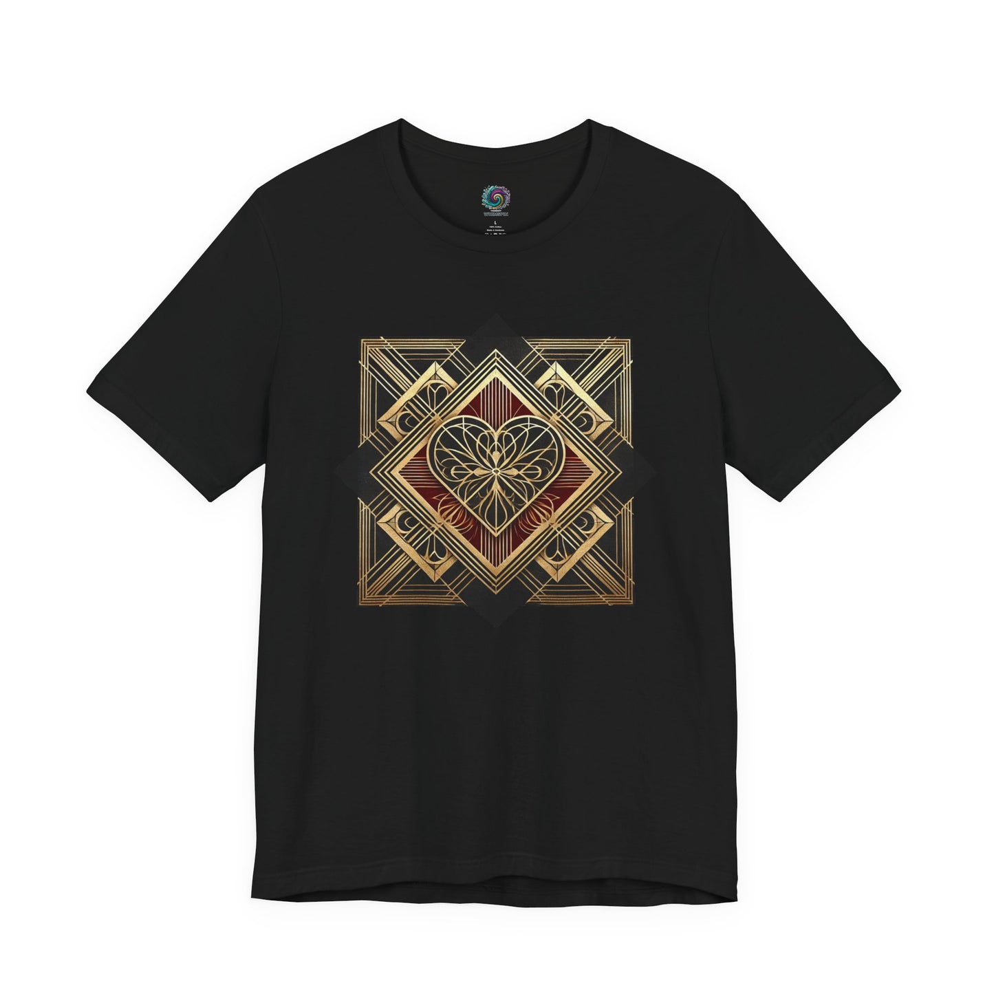 Art Deco Heart T-Shirt – Romantic Valentine’s Day Graphic Tee shown in a black lay flat, highlighting the bold geometric art deco heart design with crisp contrast