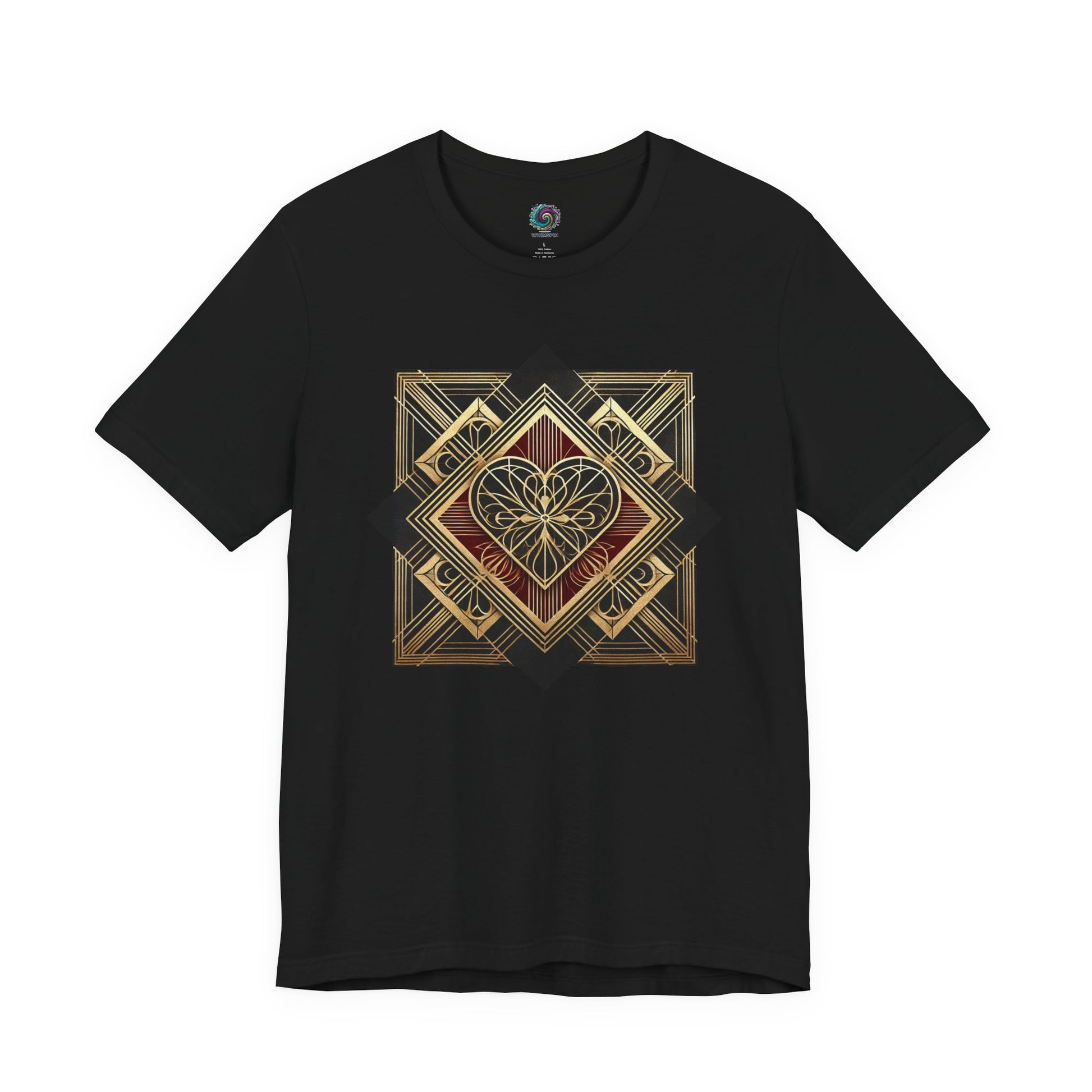 Art Deco Heart T-Shirt – Romantic Valentine’s Day Graphic Tee shown in a black lay flat, highlighting the bold geometric art deco heart design with crisp contrast