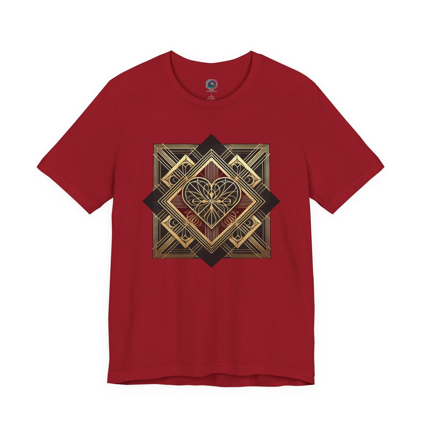 Art Deco Heart T-Shirt – Romantic Valentine’s Day Graphic Tee displayed in canvas red, showcasing the symmetrical art deco heart illustration