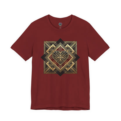 Art Deco Heart T-Shirt – Romantic Valentine’s Day Graphic Tee in cardinal red lay flat, emphasizing the vintage-inspired art deco heart geometry