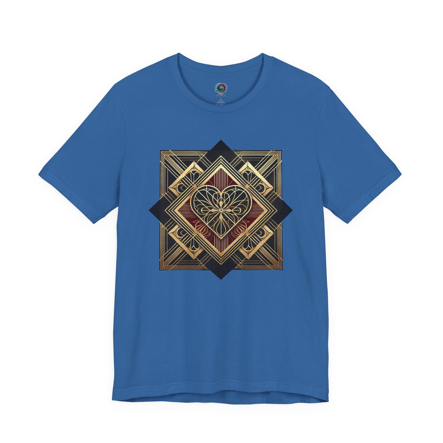 Art Deco Heart T-Shirt – Romantic Valentine’s Day Graphic Tee shown in columbia blue, emphasizing the bold art deco heart structure
