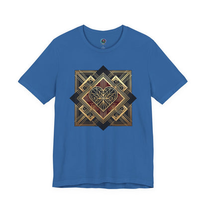 Art Deco Heart T-Shirt – Romantic Valentine’s Day Graphic Tee shown in columbia blue, emphasizing the bold art deco heart structure