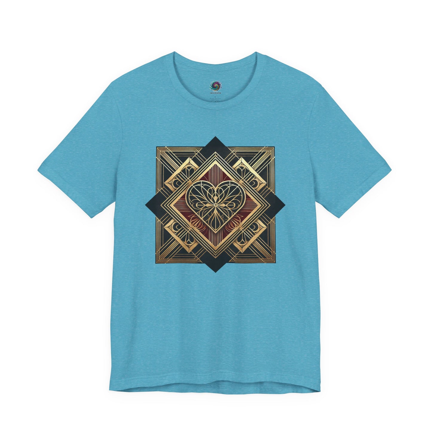 Art Deco Heart T-Shirt – Romantic Valentine’s Day Graphic Tee in heather aqua flat lay, highlighting decorative art deco heart details