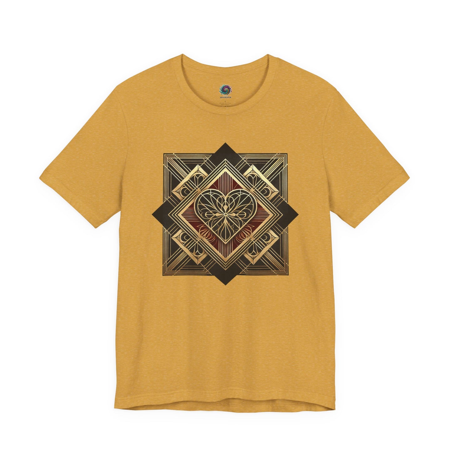 Art Deco Heart T-Shirt – Romantic Valentine’s Day Graphic Tee in heather mustard lay flat, showcasing layered vintage geometry