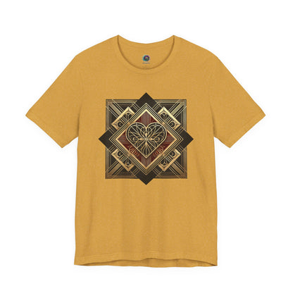 Art Deco Heart T-Shirt – Romantic Valentine’s Day Graphic Tee in heather mustard lay flat, showcasing layered vintage geometry