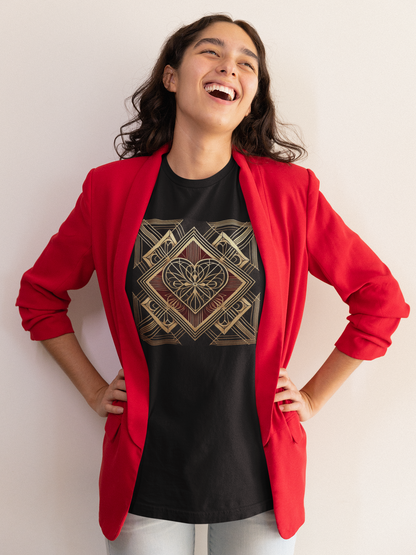 Art Deco Heart T-Shirt – Romantic Valentine’s Day Graphic Tee displayed in a clean lifestyle image, showcasing the vintage-inspired art deco heart motif in gold tones on a black shirt worn for a stylish Valentine’s Day outfit.