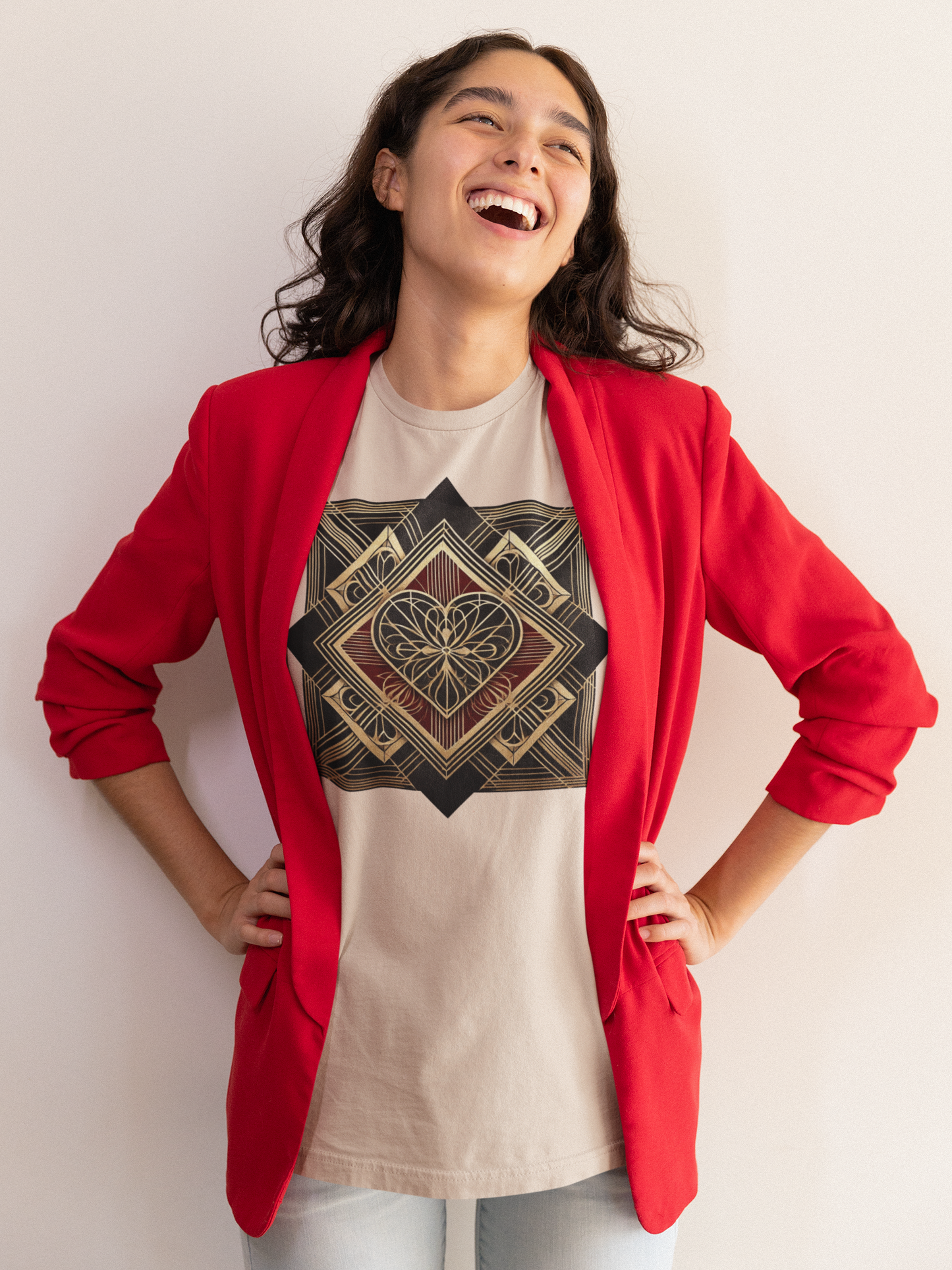 Model wearing the Art Deco Heart T-Shirt – Romantic Valentine’s Day Graphic Tee styled with a red blazer, showcasing a geometric art deco heart design with vintage romantic details