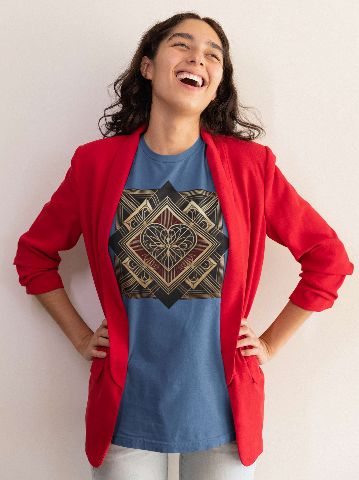 Model posing confidently in the Art Deco Heart T-Shirt – Romantic Valentine’s Day Graphic Tee emphasizing the refined art deco valentine design